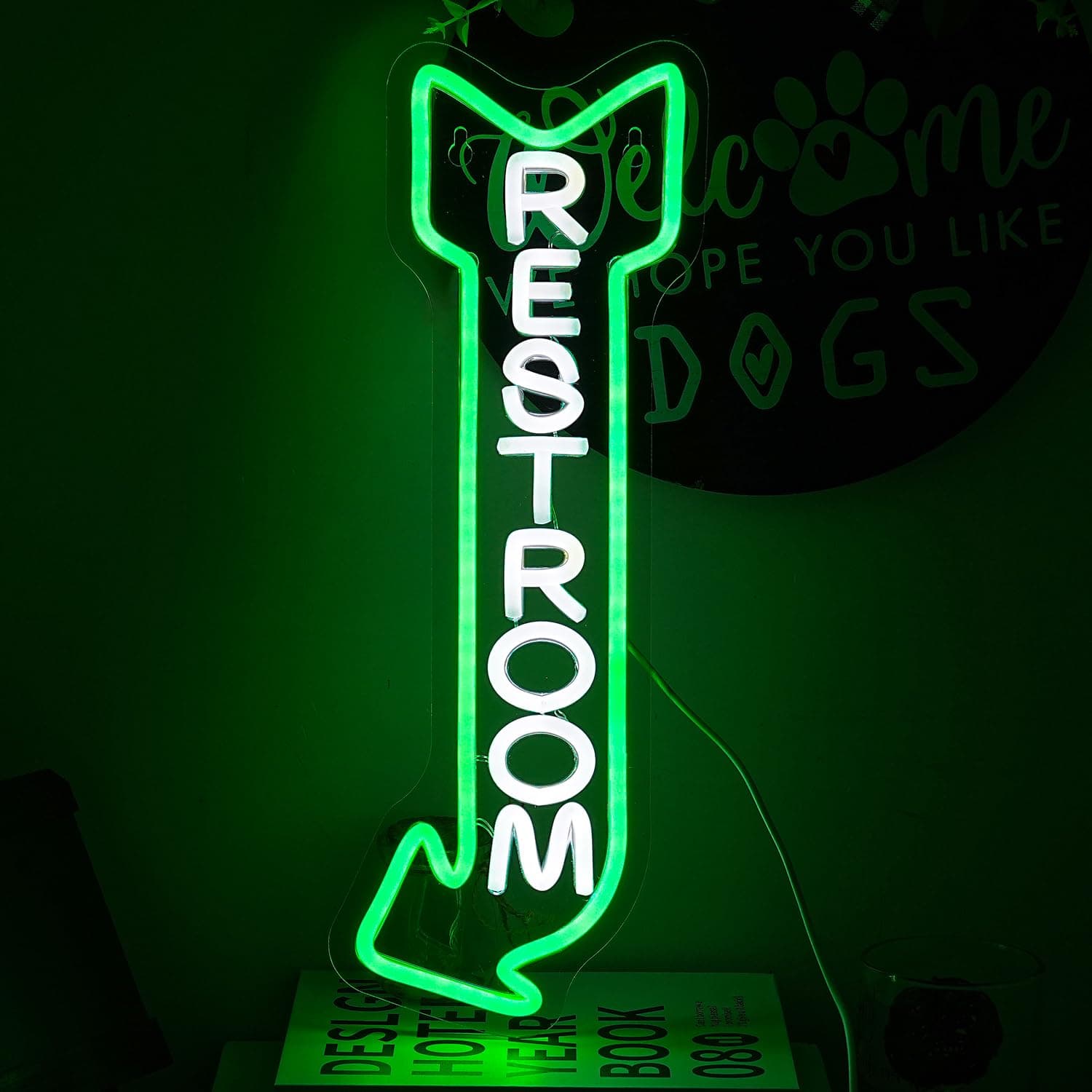 Restroom Neon Sign for Wall Decor Toilet Neon Light Arrow Led Neon Lights White Green Led Neon Signs for Hotel Bar Hospital Mall Store Office Decoration(16.9”*6.3”)