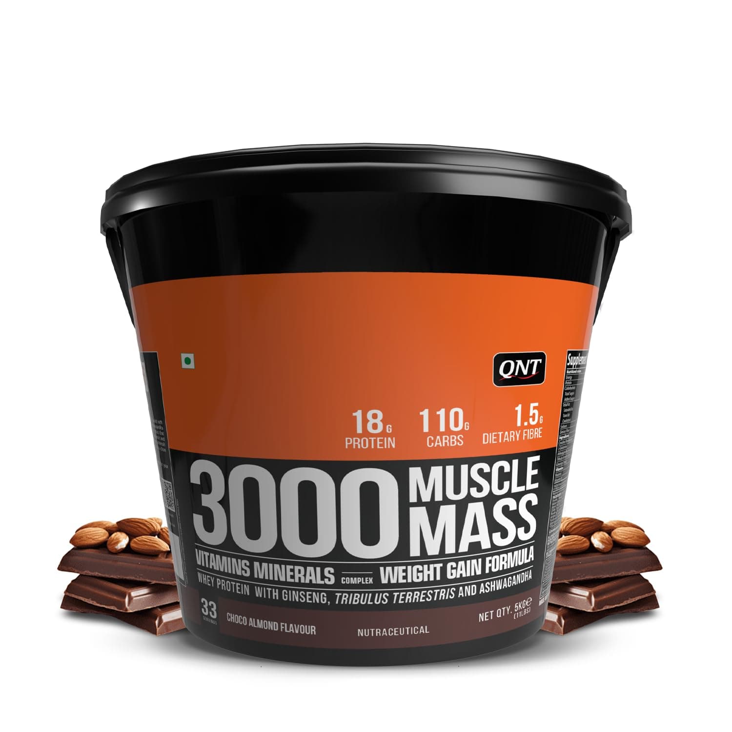 QNT 3000 Muscle Mass Weight Gainer | 18g Protein, 1.5g Creatine, 110g Carbs | 5Kg, Choco Almond | Enriched with Ashwagandha, Ginseng & Tribulus | Supports Muscle Growth & Recovery