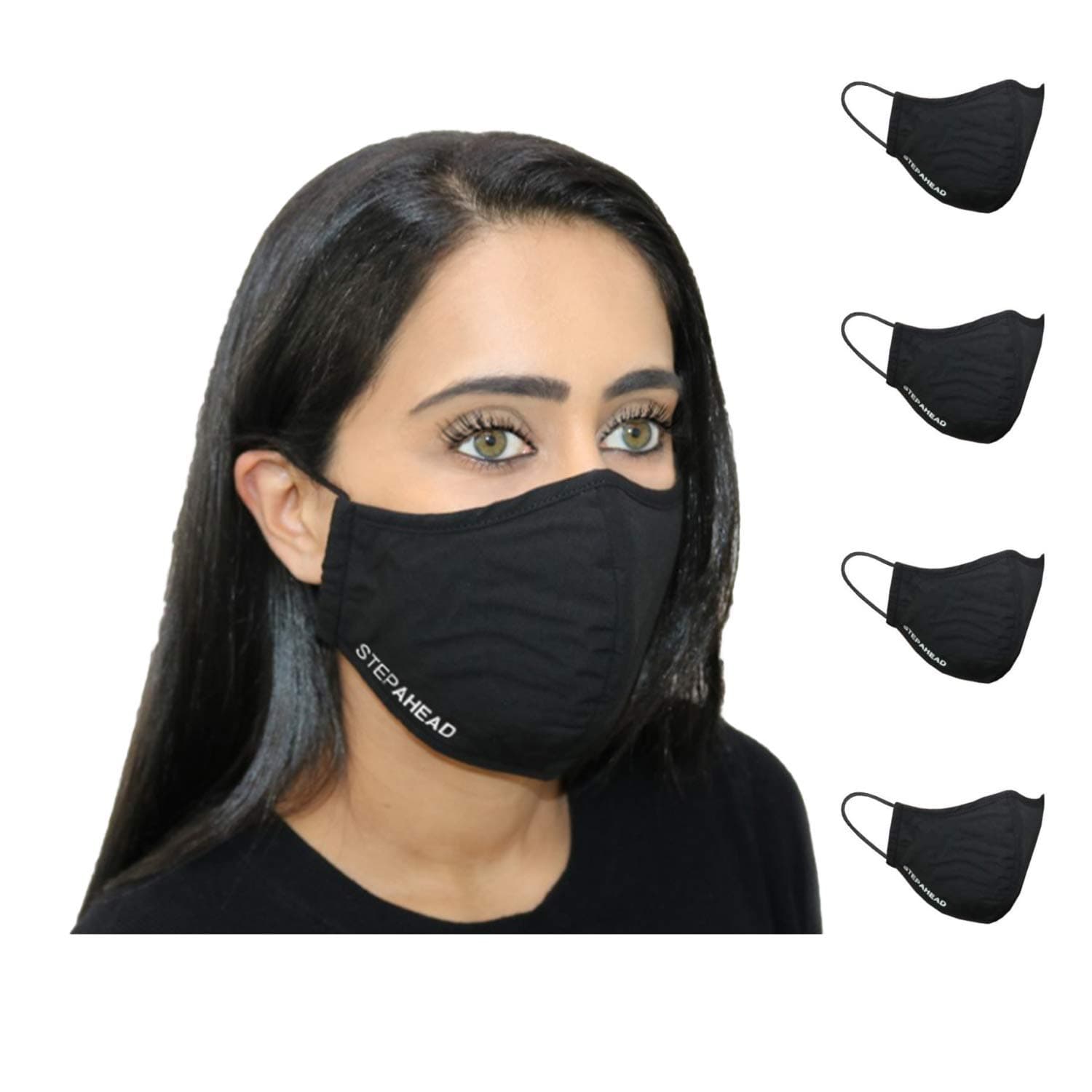 Step Ahead ® | 5 Pack Triple Layer Cotton Black Face Mask (Pack of 5) Unisex Reusable Fashion Washable | Nano Mesh Water Repellent Layer- Protects from Dust, Pollution, Droplets