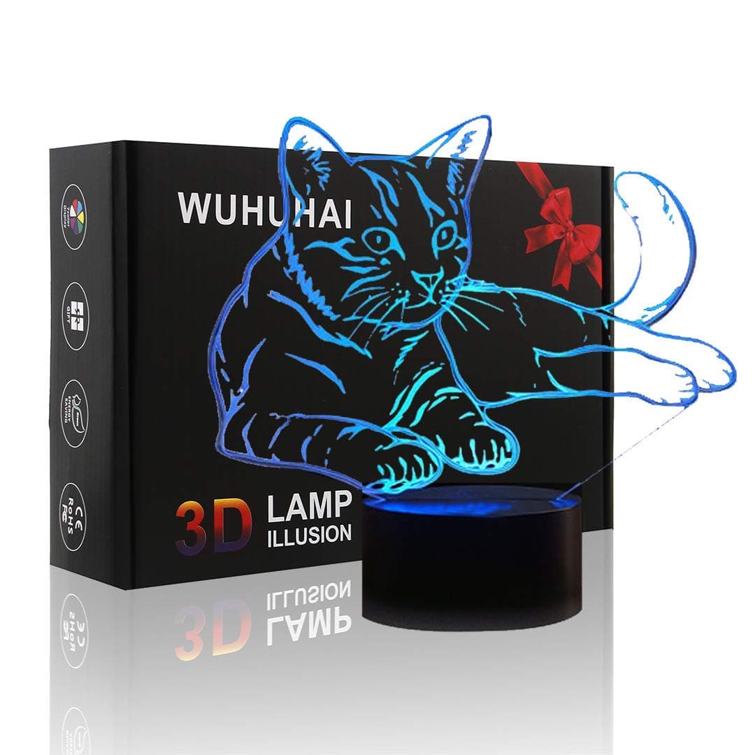 Cat Night Light for Kids 3D Illusion Night Light, Touch Button 3D Optical Illusion Table Desk Lamp with 7 Color Light for Girls Christmas Halloween Birthday Gift