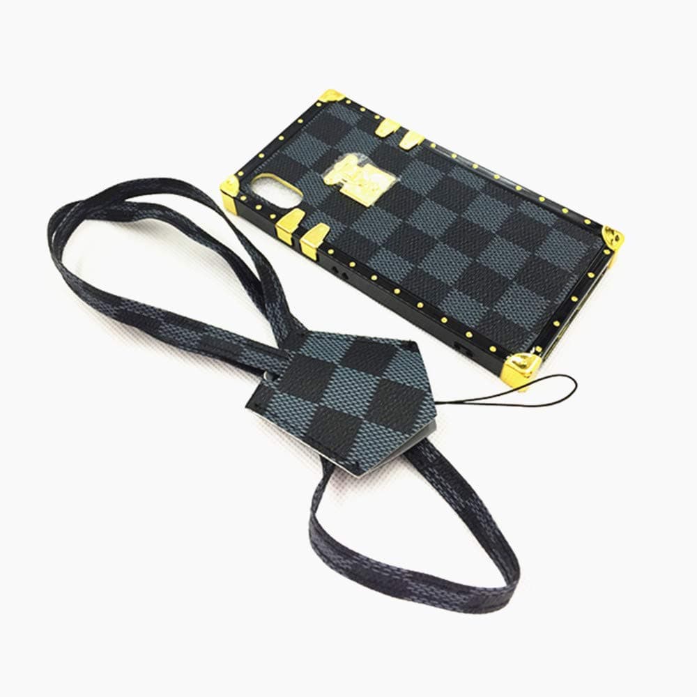 jiehao iPhone XR Case, Vintage Elegant Luxury Designer Lattice PU Leather Back with Lanyard Soft Bumper Shock Absorption Trunk Case for Apple iPhone XR 6.1" 2018, Black