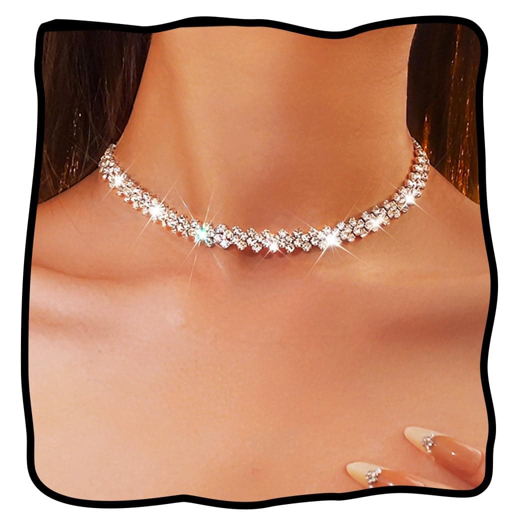 Rhinestone Choker Necklace Silver Diamond Row Necklaces Sparkly Crystal Prom Jewerly for Women