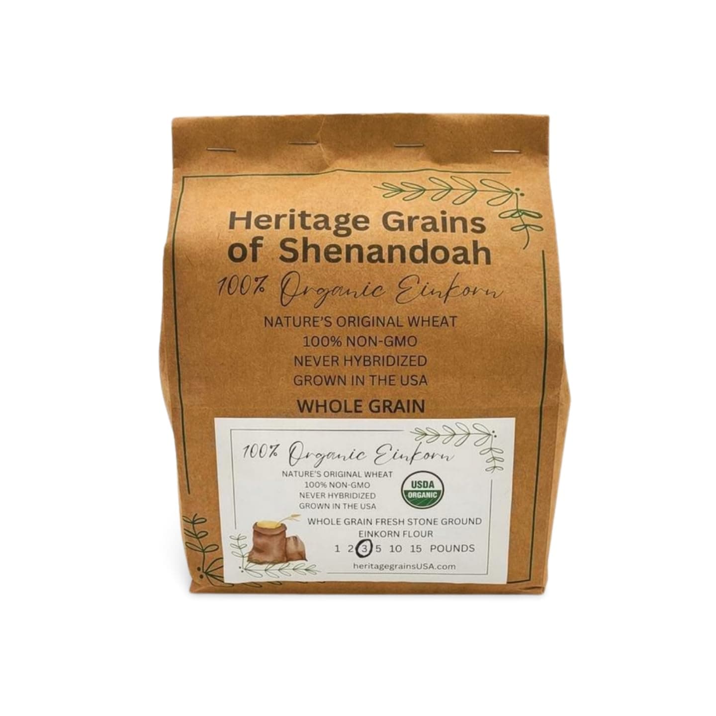 Organic Whole Grain Einkorn, Fresh Stone-Ground & USA Grown, Heritage Grains of Shenandoah- great for gluten issues (Fresh Ground Flour, 3 lb.)