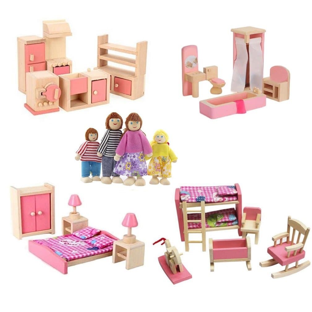 KunHe4 Set Wooden Dollhouse Furniture Including Kitchen,Bathroom, Bedroom, Kids Room for Dollhouse Pink Color with 4 Dolls