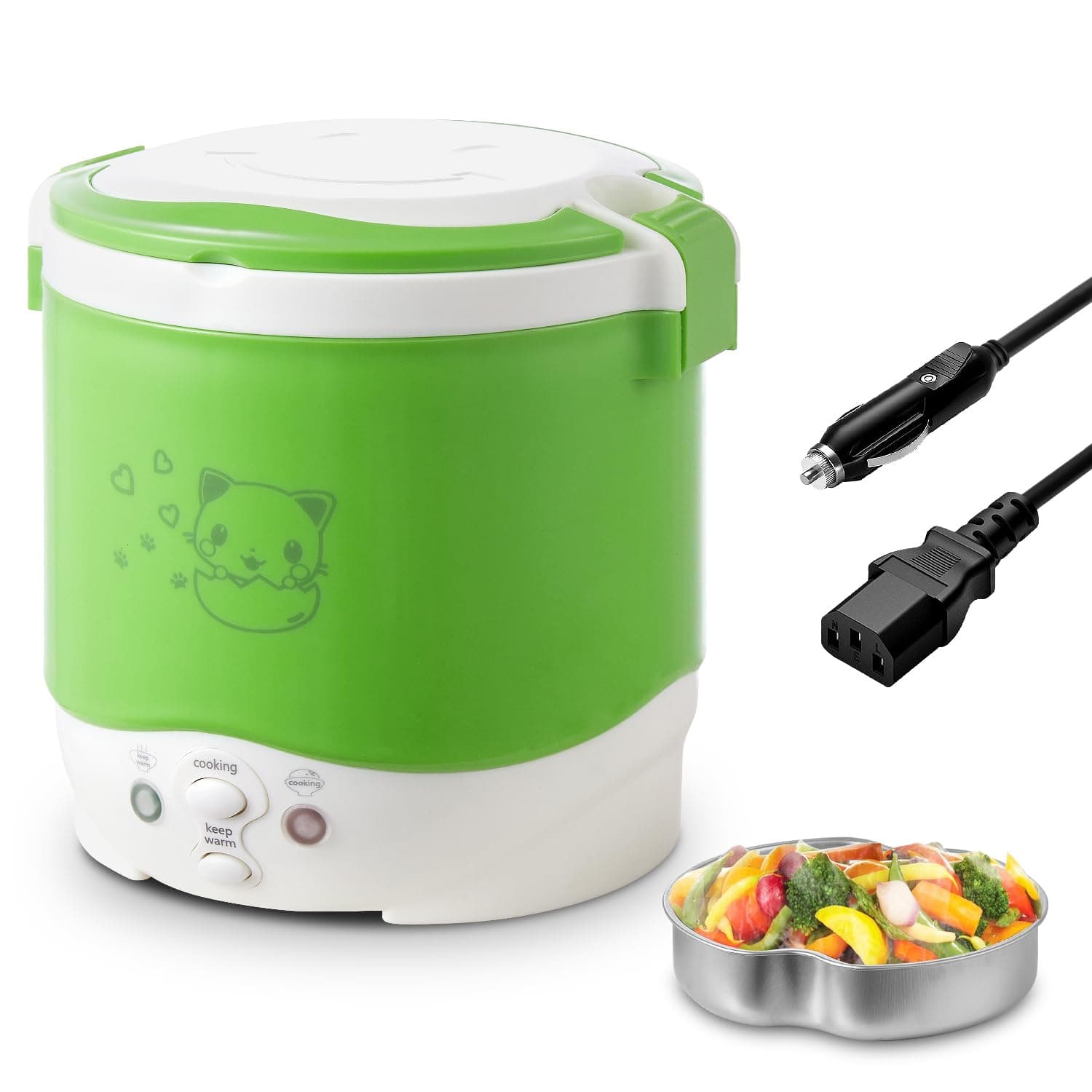 Mini Rice Cooker, 1L Travel Rice Cooker Small 12V For Car, Cooking For Soup Porridge and Rice, Cooking Heating and Keeping Warm Function(Green)