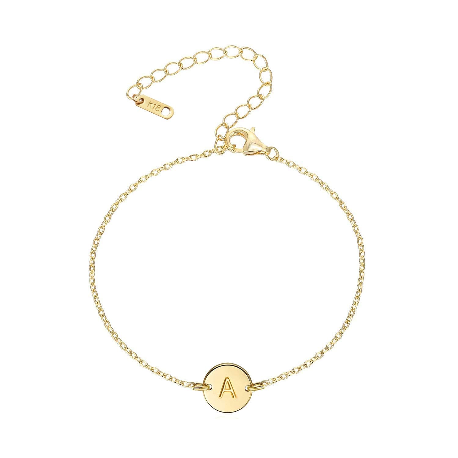 18K Gold Plated Stainless Steel Initial Bracelet Personalized Letter Charm Bracelet Small Dainty Disc Monogram Name Bracelet for Women