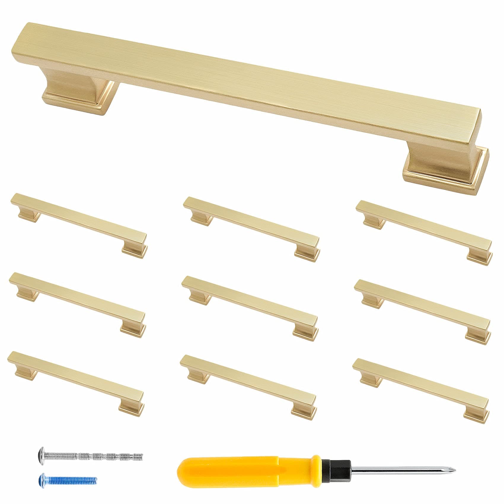 10 Pack 5 Inch Cabinet Handles Brushed Satin Brass Dresser Drawer Pulls, Modern Kitchen Cabinet Door Handles, 5 Inch Hole Center