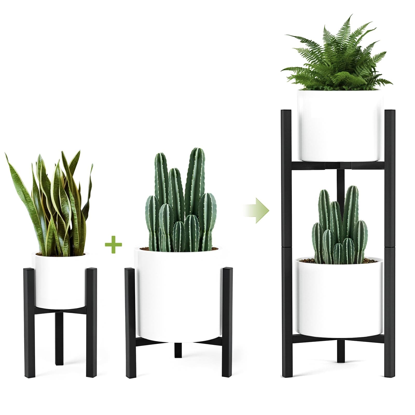IZIDDO 2 Pack Adjustable Plant Stand Indoor, Black Metal Planter Stands Outdoor Tall 2 Tier Mid Century Modern Plant Holder, Fit 8 10 12 inch Pots, Single Floor Plant Stands for Indoor Plants-2 Tier