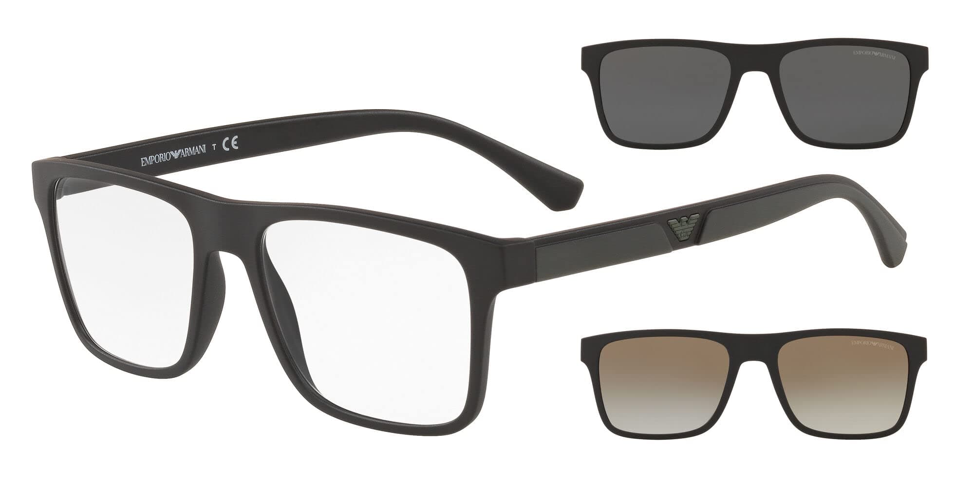 Emporio Armani Men's Ea4115 Prescription Eyewear Frames with Two Interchangeable Sun Clip-ons Rectangular, Matte Black/Clear/Black/Gradient Brown, 54 mm