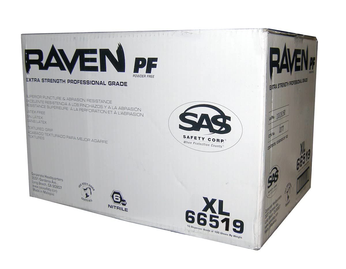 SAS Safety 66518 Raven 6 mil Black Nitrile Disposable Gloves - Large - 10 Pack(100 Gloves per Box)