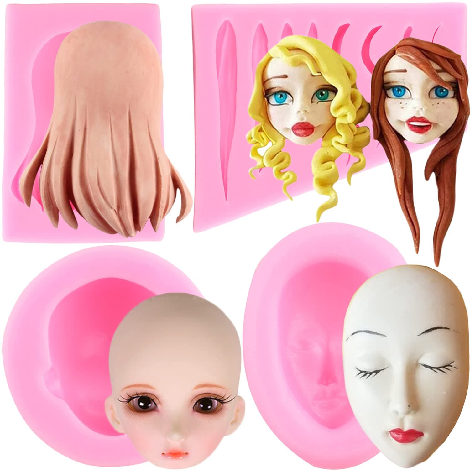 Mujiang 3D Human Face Silicone Molds Doll Hair Fondant Molds For Cake Decorating Chocolate Candy Clay Set Of 4