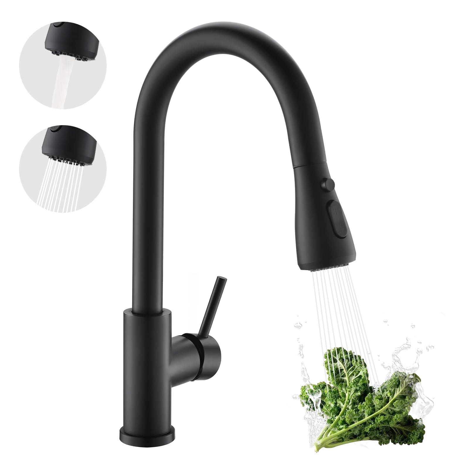 Kicimpro Matte Black Kitchen Faucet with Pull Down Sprayer, 304 Stainless Steel, 23-Inch Extended Hose Design, Three Water Functional Ways, Easy Installation