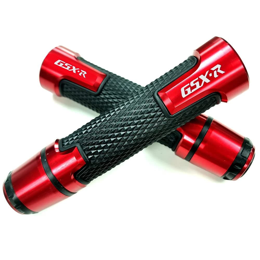 Red Aluminum Motorcycle 22mm Engraved Handle Bar Rubber Gel Hand Grips CNC with Bar End 7/8" Compatible with Suzuki GSXR GSX-R 125 150 600 750 1000 1300 Hayabusa