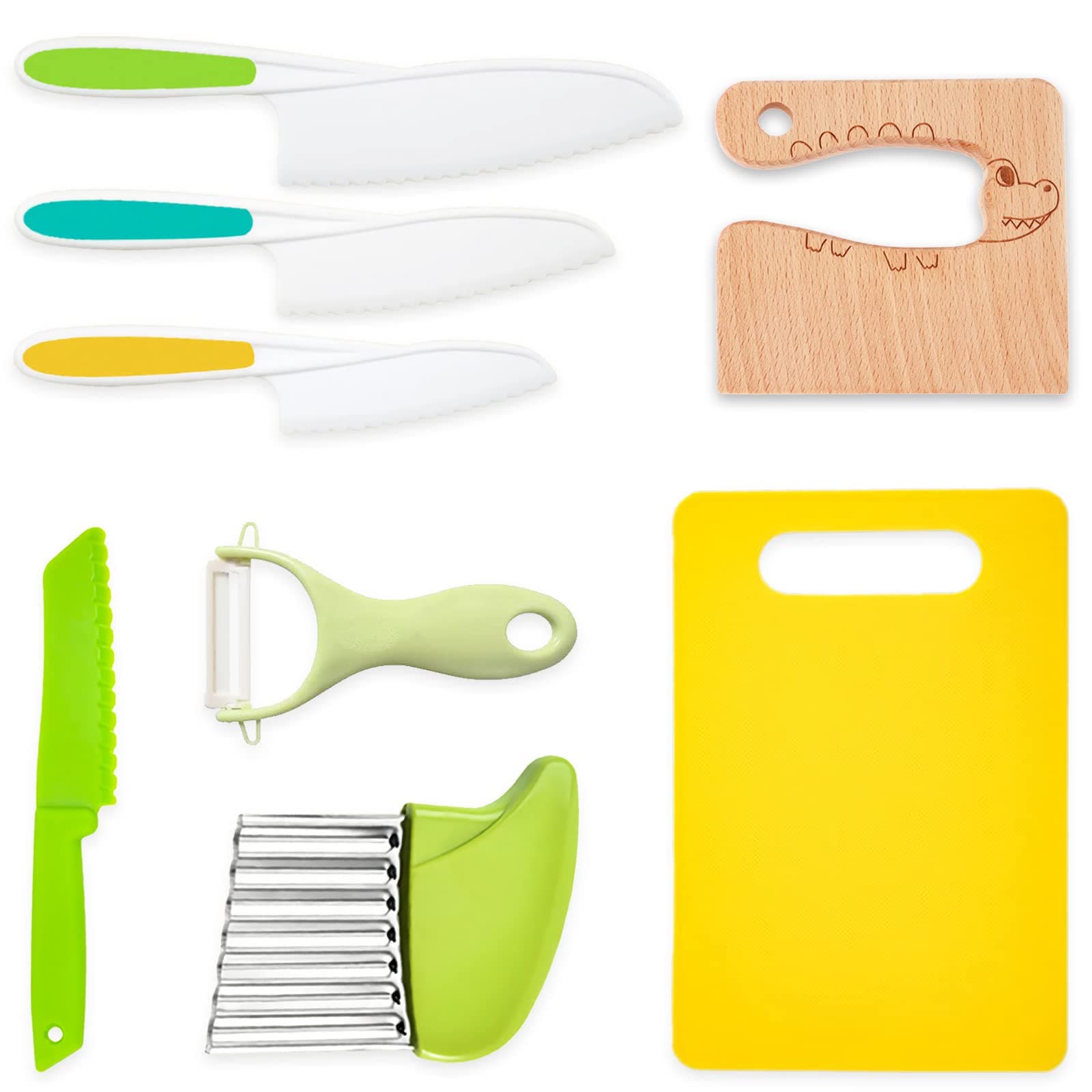 WAYDA 8 Pieces Wooden Kids Kitchen Knifes for Real Cooking Include Plastic Toddler Knife, Wood Kids Safe Knives, Potato Slicers, Serrated Edges Cooking Knife, Y Peeler, Cutting Board (Crocodile)