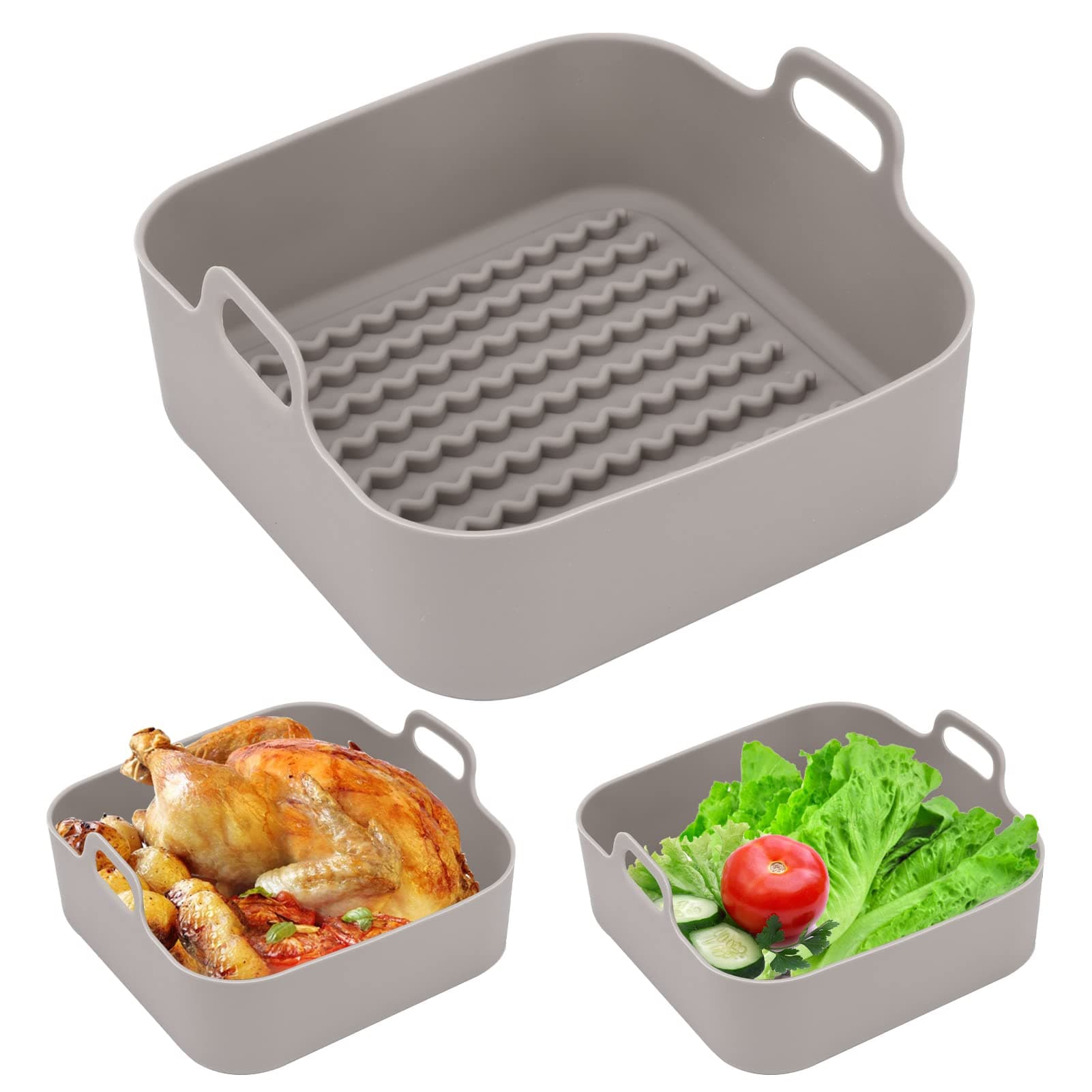 Air Fryer Silicone Pot, Replacement for Paper Liners, Removable Square Silicone Air Fryer Basket with Handle, Silicone Bowl for Air Fryer Oven(Beige)