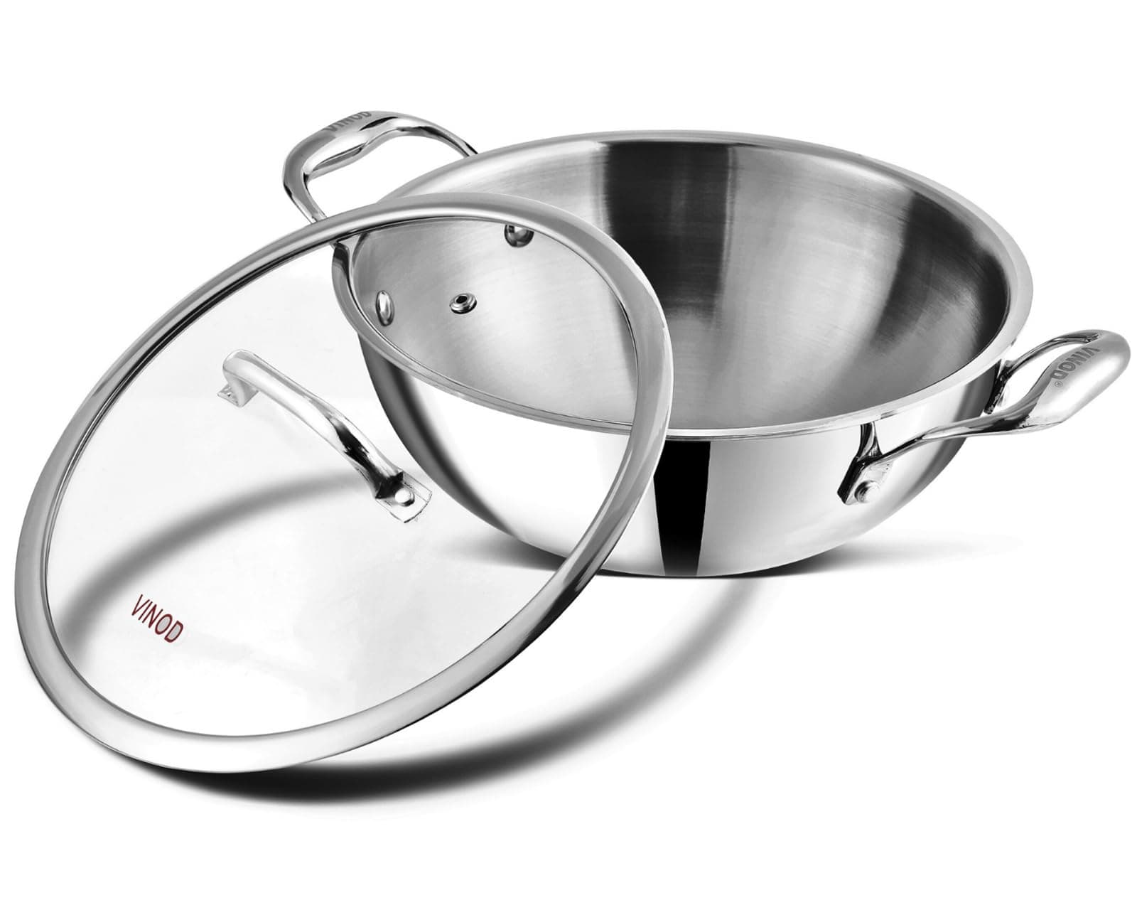 Vinod Platinum Triply Stainless Steel Kadai with Glass Lid (28cm, 4.5L) | 2.5 mm Thick | Kadai with Heavy Bottom | Induction Friendly Stainless Steel Cookware Kadhai | 5 Year Warranty