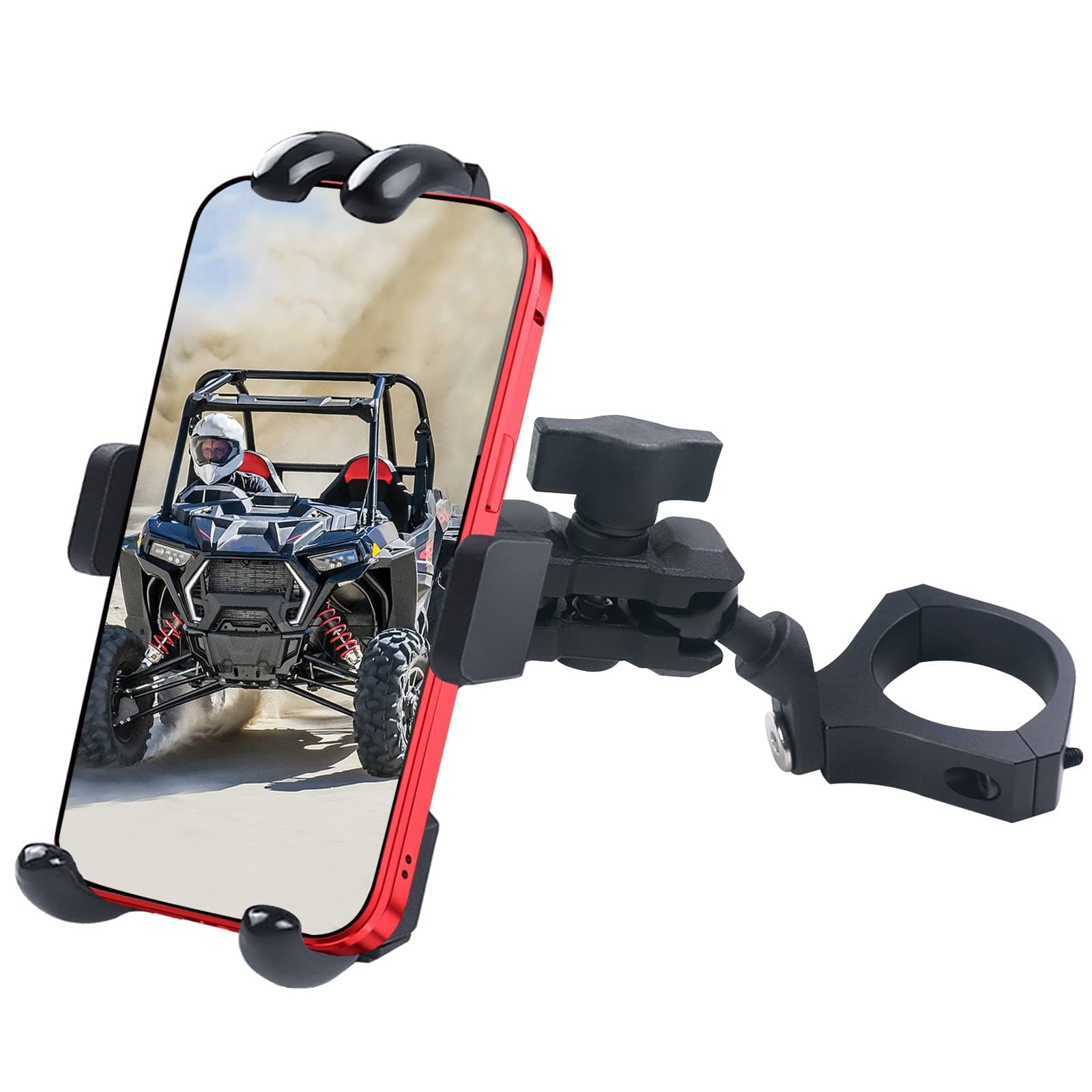 UTV Phone Mount - 360 Adjustable Heavy Duty Phone Holder Fit for 1.75 to 2 Inch UTV Roll Bar Compatible with Can-Am Maverick X3/ RZR/Ranger/Talon Pioneer 1000 for 4.0 Inch to 7.2 Inch Cell Phone