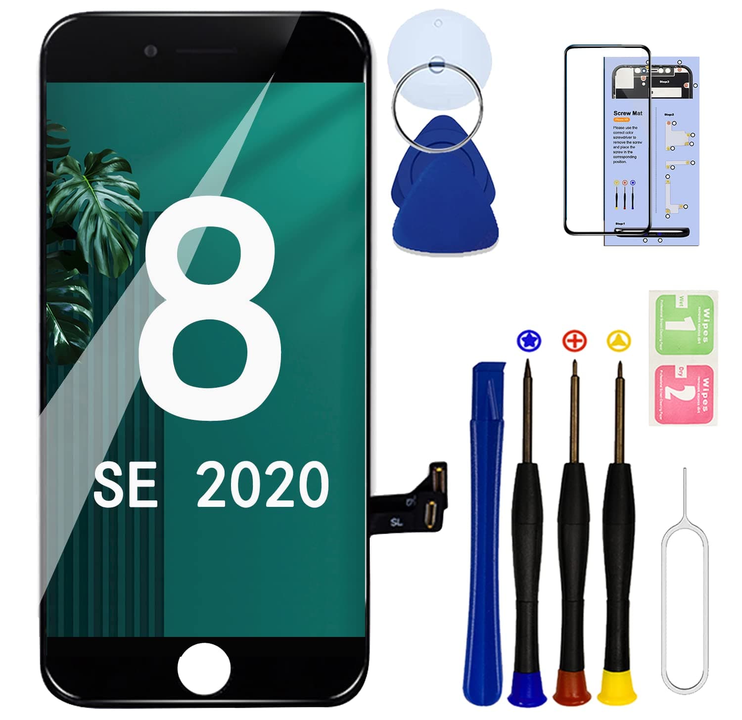 for iPhone 8/ SE 2020 2nd Generation Screen Replacement Black,LCD Touch Digitizer with Repair Tools for A2275, A2298, A2296.with Screen Protector (Black, 8G)