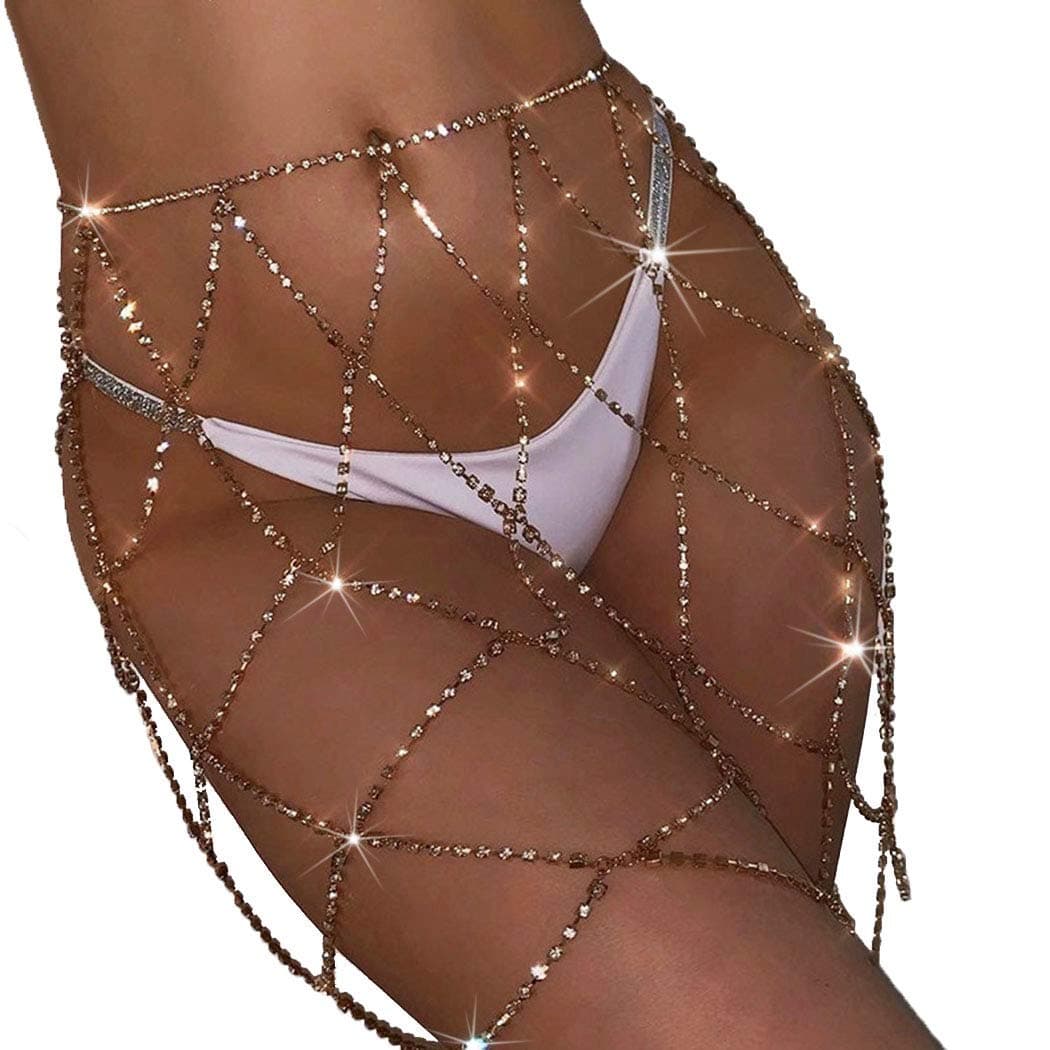 Nicute Boho Rhinestone Waist Chain Mesh Belly Skirt Chains Summer Body Accessories Jewelry for Women and Girls (Gold)