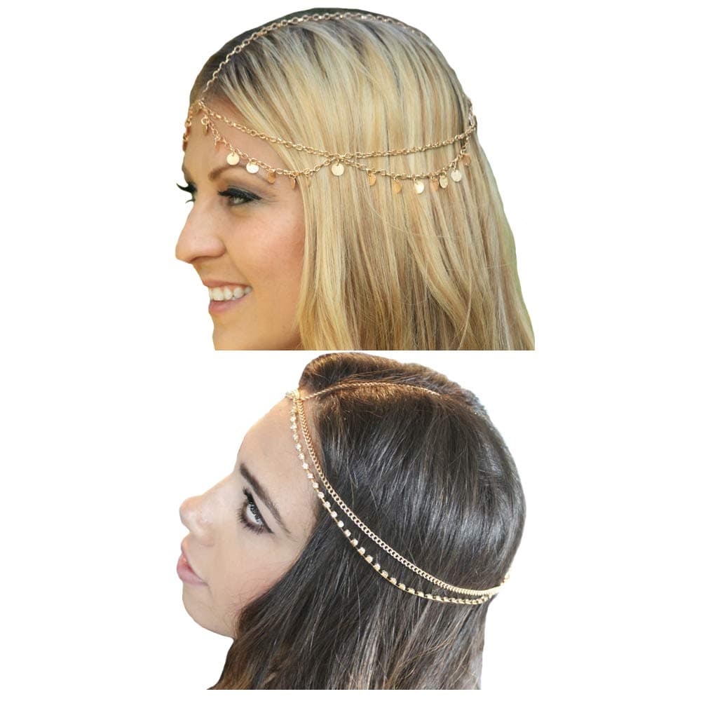 WLBONGold Head Chain Sequins Rhinestone Headband Crystal Bohemian Hair Bands Halloween Hair Hoop Women Bridal Boho Hippie Hairband Party Decoration Cosplay Costume Handmade Headpiece Hair Jewelry 2 Pack