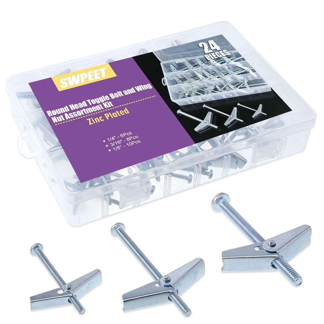 Assorted 24 Pcs Toggle Bolt and Wing Nut Kit for Hanging Heavy Items on Drywall - 1/8 Inch, 3/16Inch, 1/4Inch