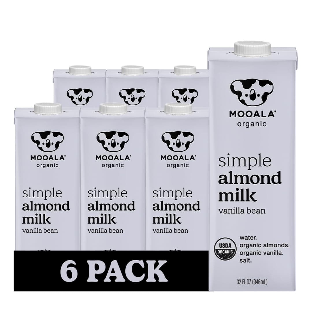Mooala Organic Simple Almond Milk Vanilla, 32oz - 4 Ingredient, Shelf Stable, No Gums, No Oils, No Fillers, Unsweetened, Non-GMO, No Additives, Dairy Free Plant Based Milk, 6 pack