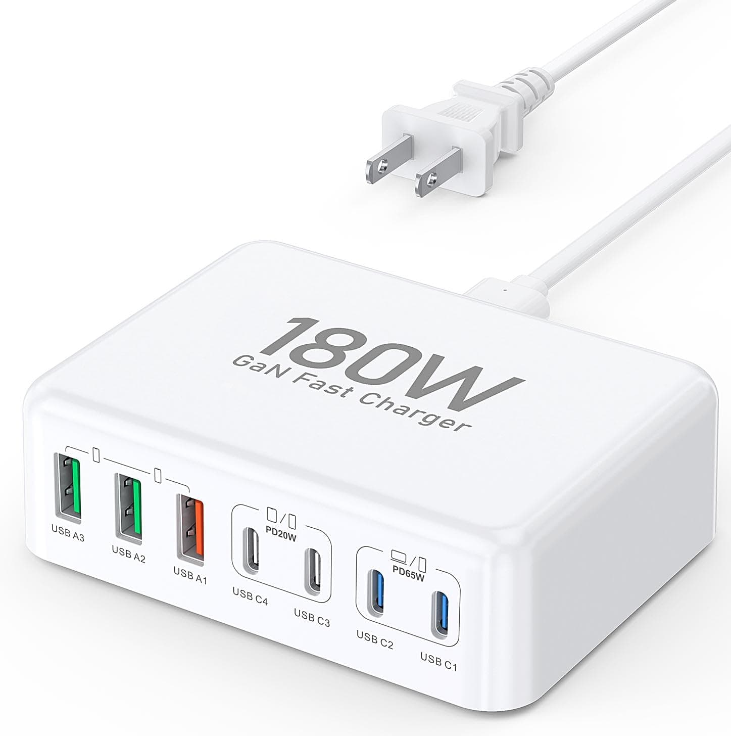 180W USB C Fast Charger 7 Port Compact PD GaN Fast Charger Charging Station Block Hub USB C Laptop Power Adapter Compatible with MacBook Pro/Air iPad Pro iPhone 15 14 13 12 Galaxy S23 Note 20 Pixel LG