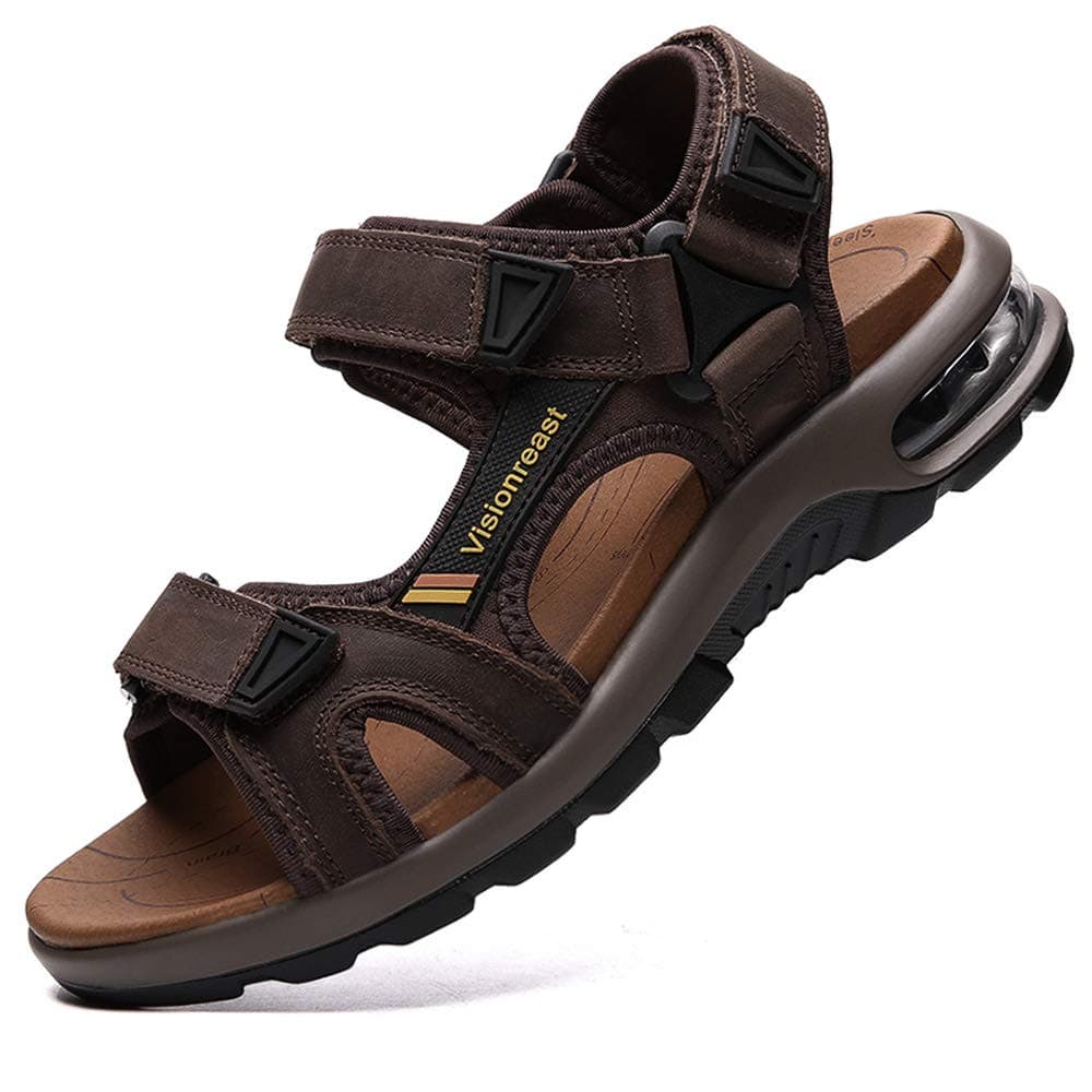Mens Leather Sandals Open Toe Outdoor Hiking Sandals Air Cushion Sport Sandals Waterproof Beach Sandals