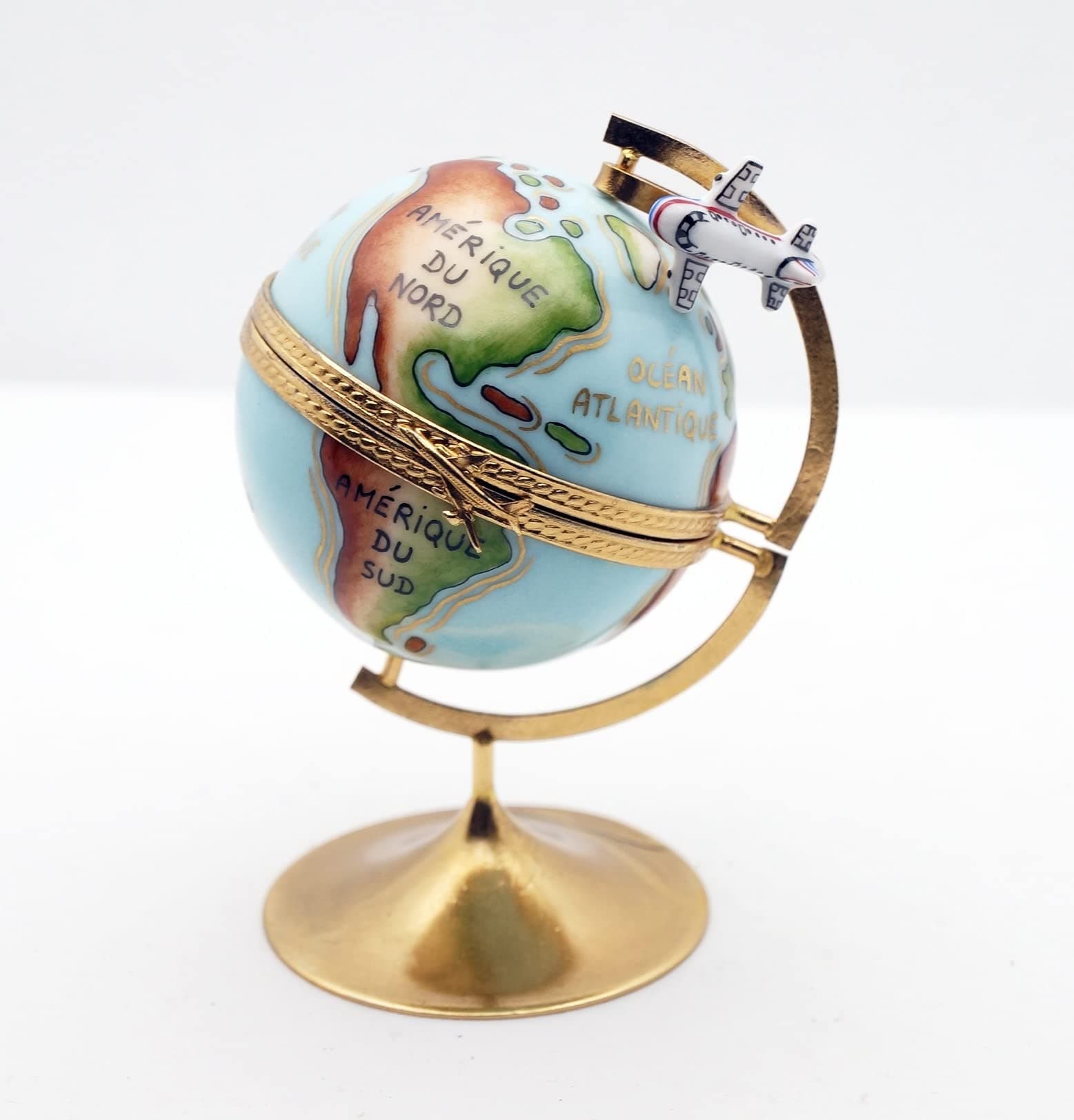 Authentic French Porcelain Hand Painted Limoges Box Amazing Globe with Detailed World Map and Miniature Removable Airplane