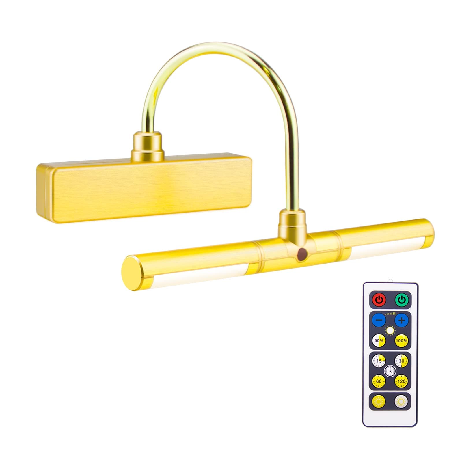 BIGLIGHT Wireless Battery Operated LED Picture Light with Remote, Rotatable Light Heads of 3 Lighting Modes, Dimmable Display Lamp with Timer for Painting Photo Portrait Art, 8.8", Gold