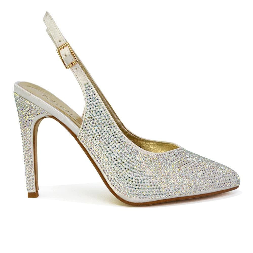 Womens Bridal Shoes Satin Diamante Ladies Slingback Party Point Toe Court Shoes Size 3-8