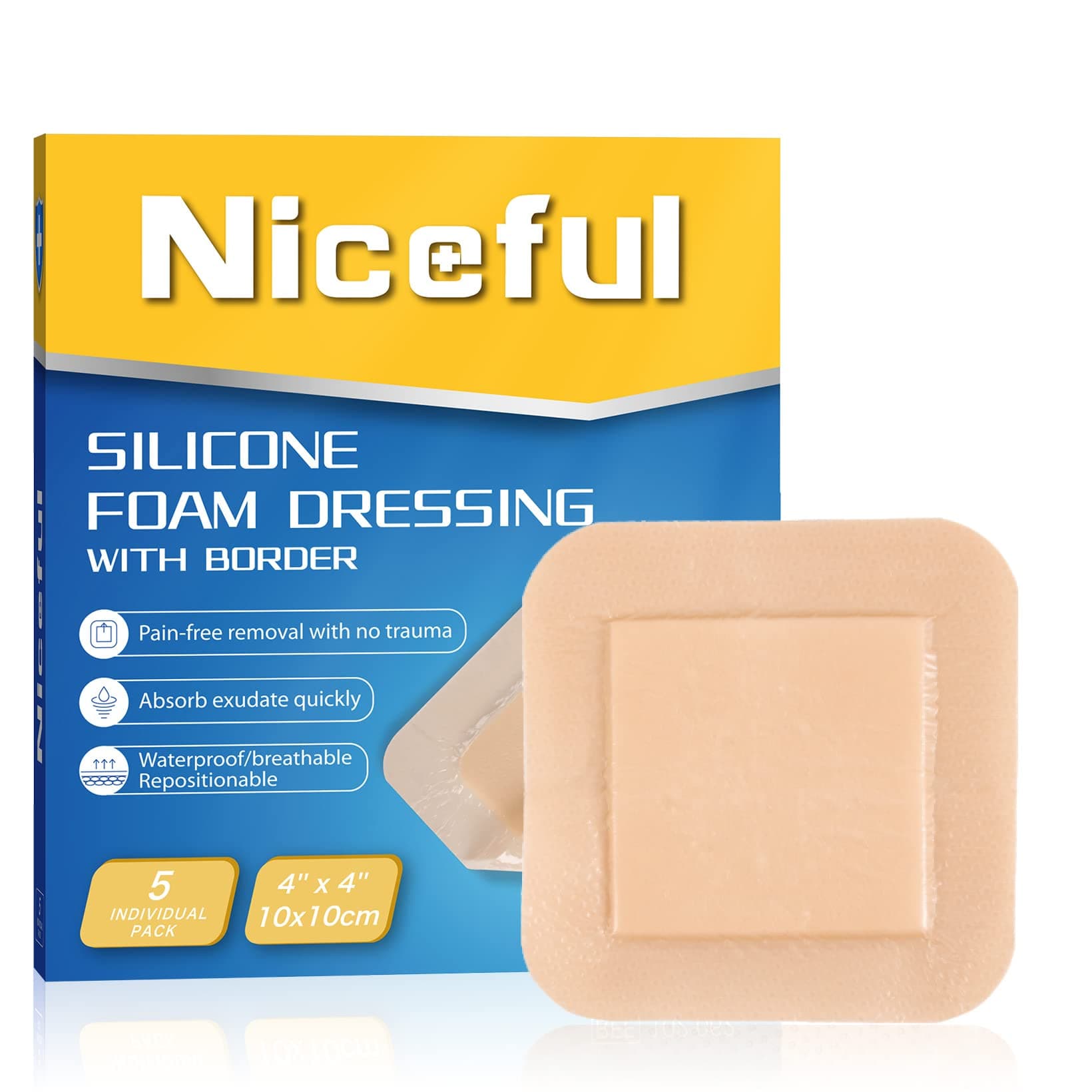 Silicone Foam Dressing 4"x4", Waterproof Silicone Bandages with Border Adhesive, High Absorbency Bed Sore Bandages Wound Care Dressing (2.5"X2.5" Pad), 5 Packs, FSA HSA Eligible