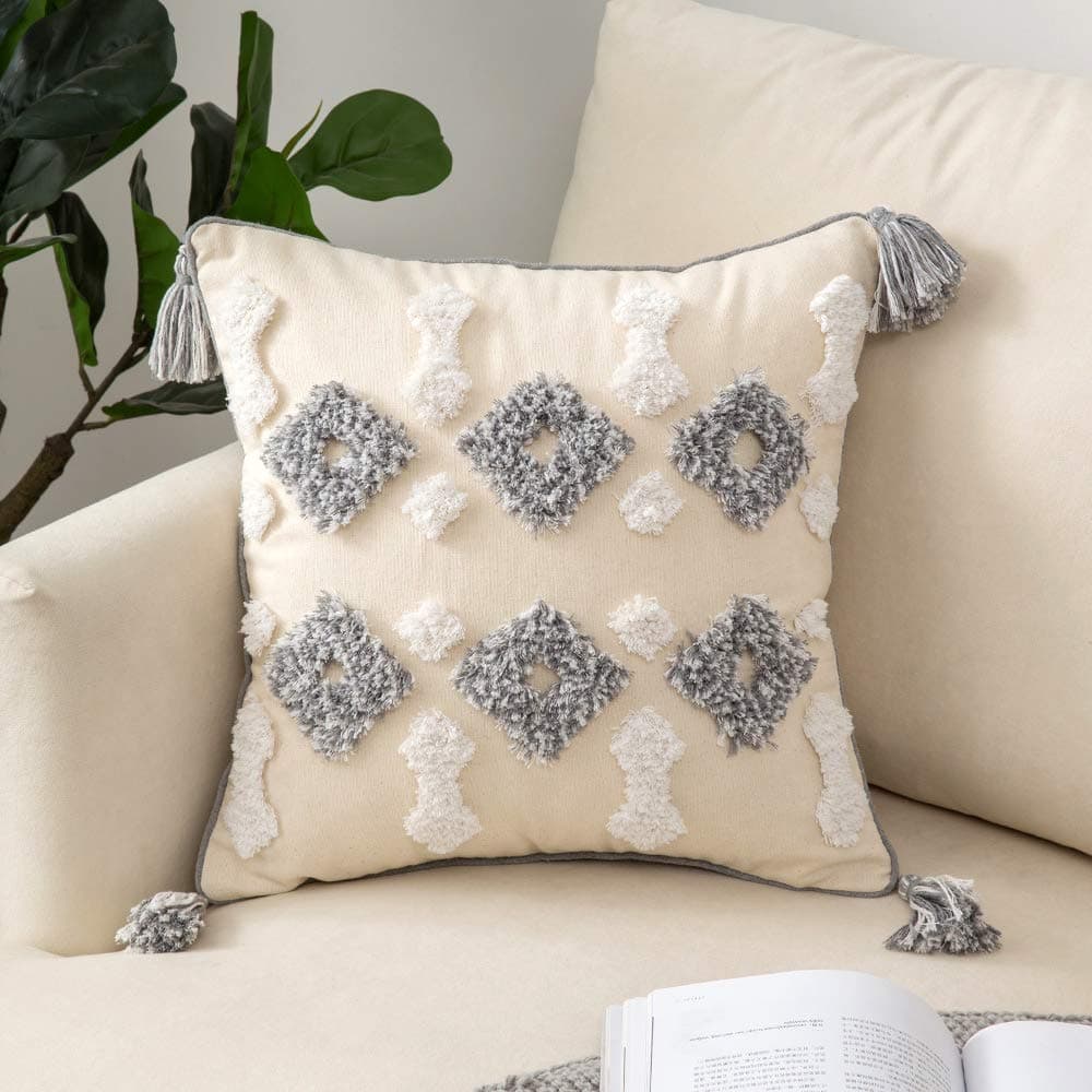 Woaboy Boho Decorative Throw Pillow Cover Tufted Woven Tribal Pillowcase with Tassels Farmhouse Square Cushion Case for Sofa Couch Bedroom Living Room 20x20 Inch Grey