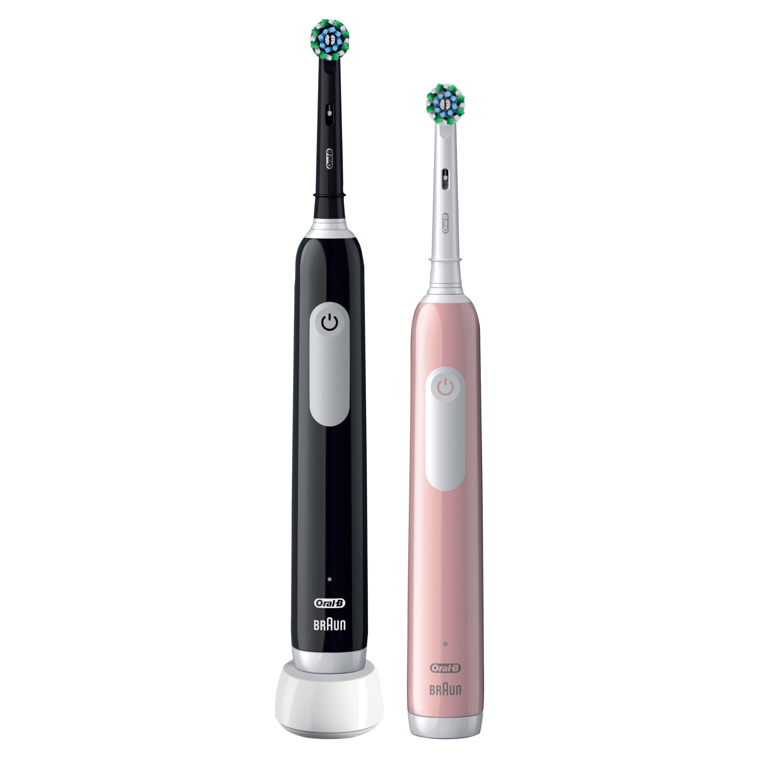 Pro 3 2x Electric Toothbrushes For Adults, Gifts For Women / Men, 2 Handles & 2 Cross Action Toothbrush Heads, 3 Modes, Teeth Whitening, 2 Pin Plug, 3900, Black & Pink