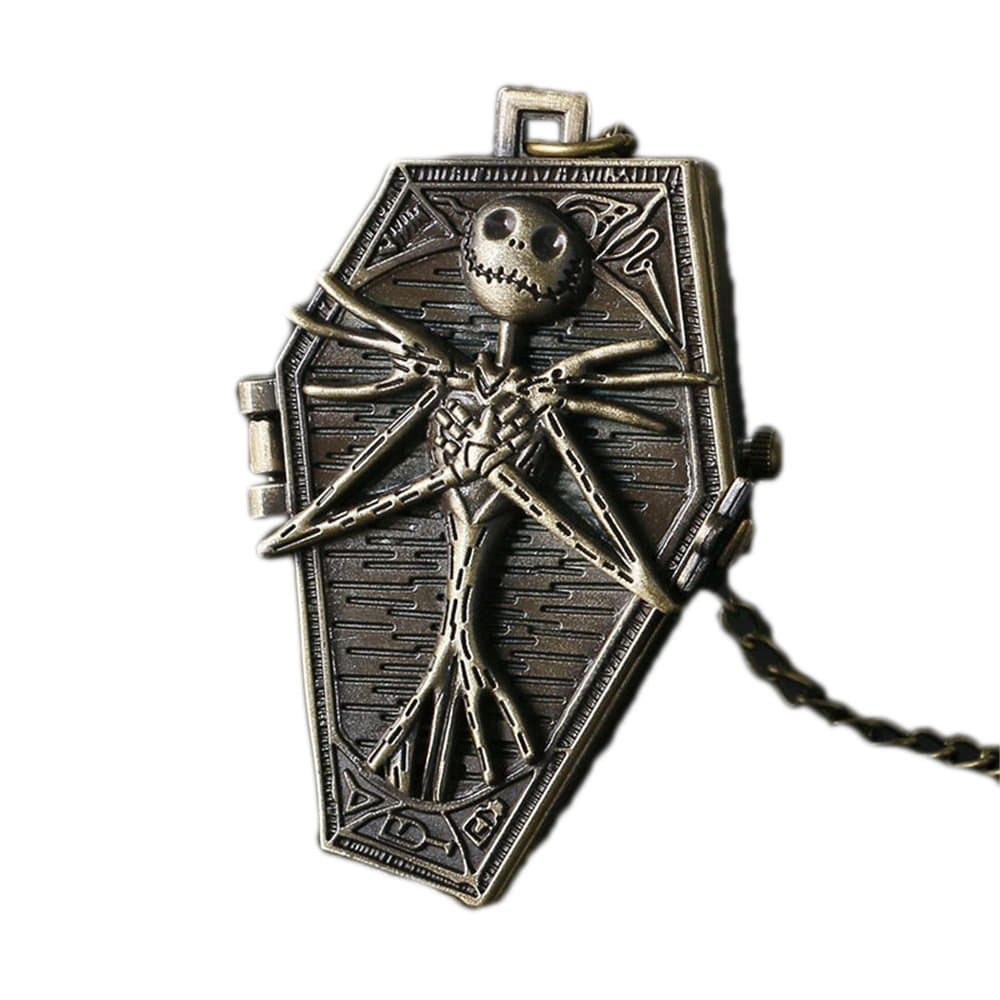 Skeleton Pocket Watch, Coffin Shape, Gothic, Analog Pendant Necklace Chain