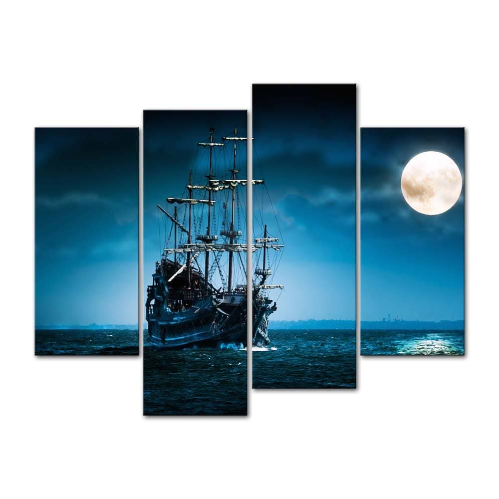 Pirate Ship Wall art Nautical Viking on The Blue Ocean in The Full Moon Night Canvas Print Wall Art Decor Seascape Artwork Prints for Home Living Room or Office Decoration