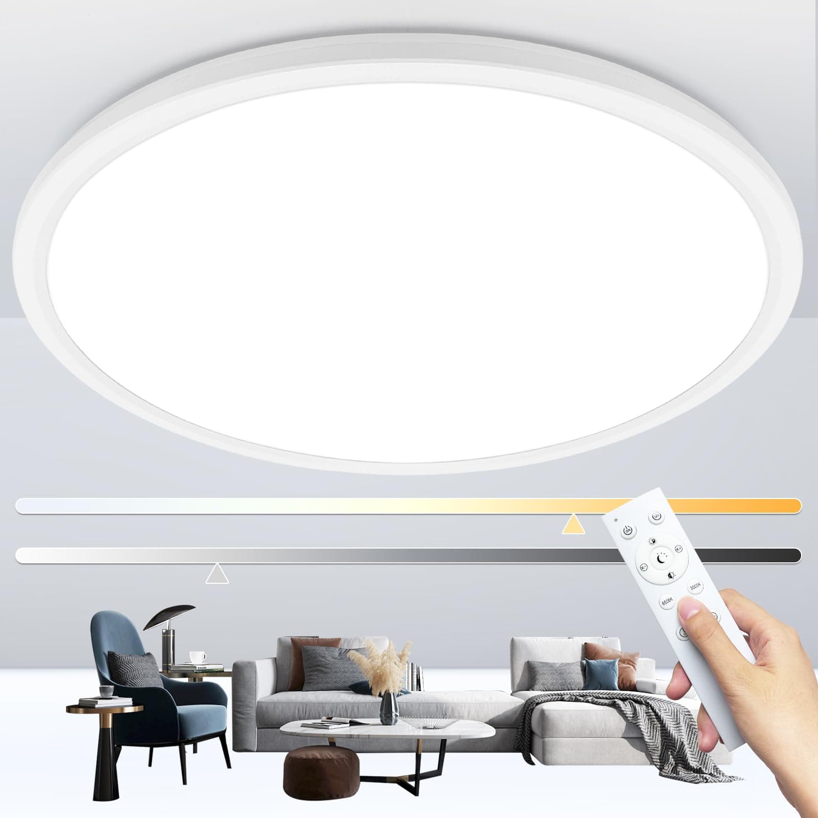 Led Ceiling Light Fixtures Dimmable with Remote Control, 15.4 Inch Ultra Thin Modern Flush Mount, 36 W, 4500 LM, with Night Light, for Bedroom, Kitchen, Dining Room, Living Room