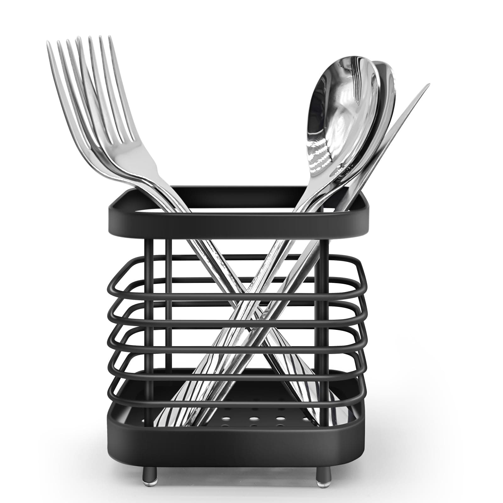 Utensil Holder, Stainless Steel Cutlery Drainer Sink Caddy, Rust Proof Sink Tidy Kitchen Sink Organiser, Cutlery Organiser for Kitchen Utensil (Black)