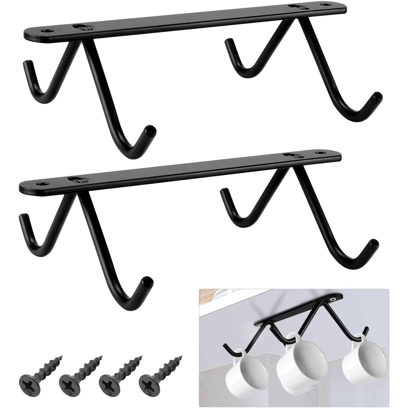 Homgaty 2 Pack Mug Rack Under Cabinet, Mug Holder Shelf Metal Mug Storage Rack 8 Hanging Hooks Rack for Mug, Coffee Cups, Beer Mug, Kitchen Utensils (with 4 Screws)