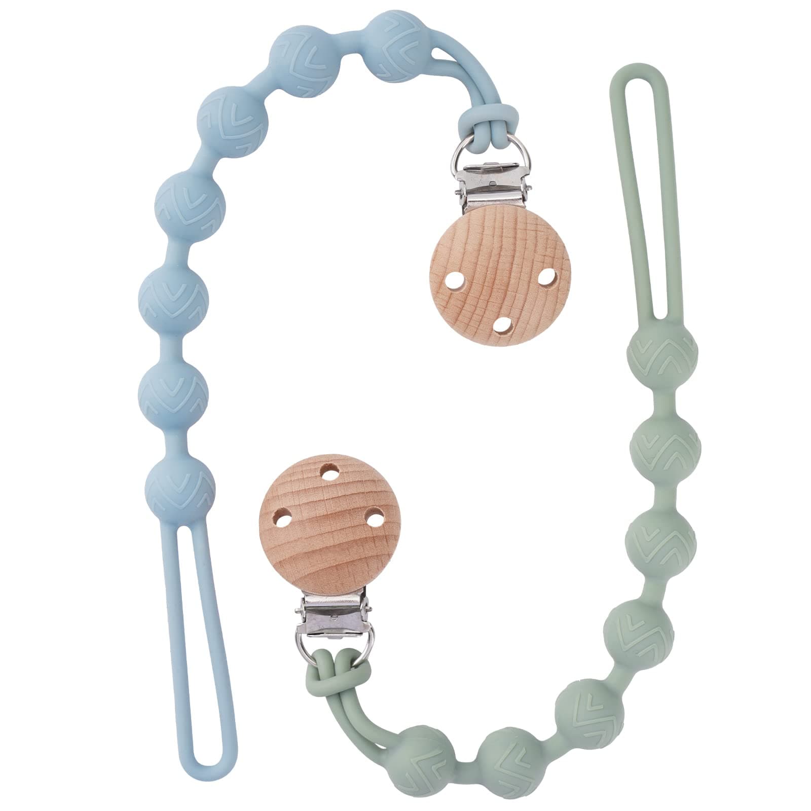 Silicone Dummy Clip for Baby Boys and Girls, One Piece Pacifier Clips, Wooden Soother Clips Design, Fits Most Pacifiers and Teething Toys, 2 Pack (Sage+Ether)