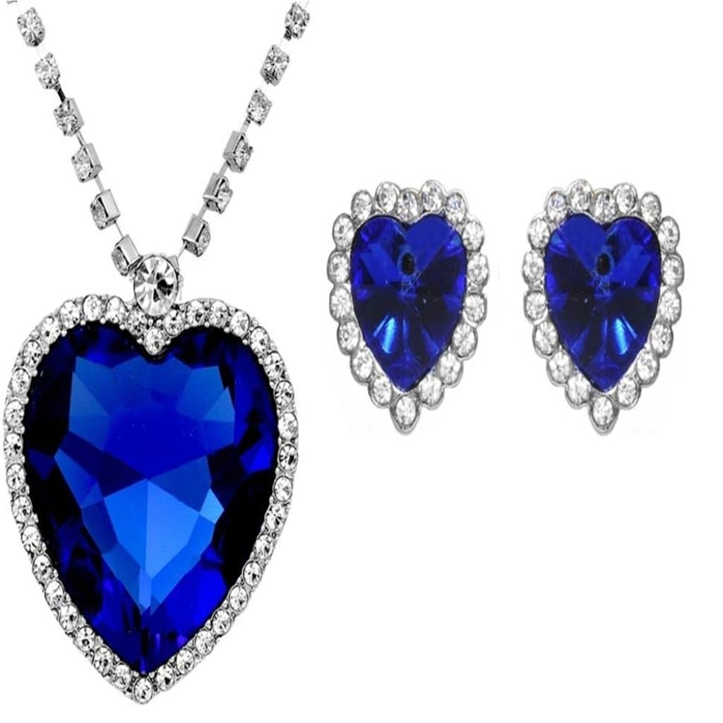 CaratcubeSapphire Blue Heart Of The Ocean Titanic Austrian Crystal 18K White Gold Plated Necklace Pendant Set With Earrings For Women