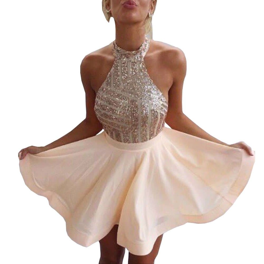 DYS Women's Short Halter Prom Party Dress Backless Homecoming Dress for Juniors