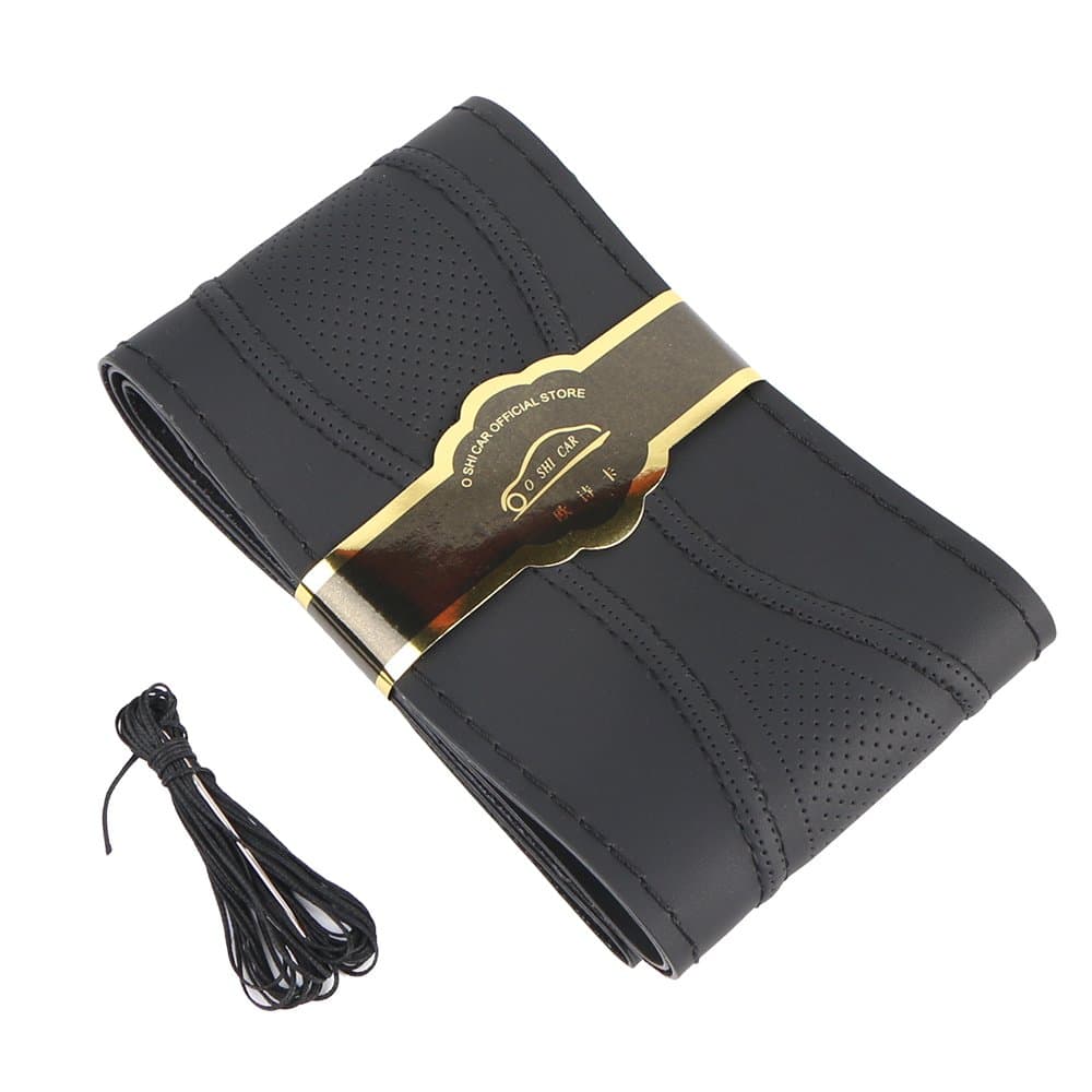 19.6 Inch Artificial Leather Car Steering Wheel Cover with Needles and Thread DIY Hand Sewing Anti-Slip Auto Steering Cover for Volvo Mercedes Actros Etc Black