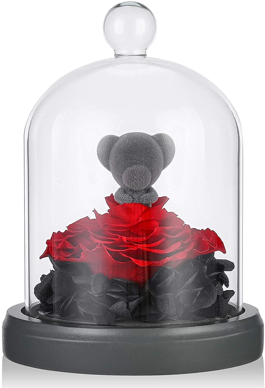 E-MANIS Beauty and The Beast Rose Teddy Bear,Handmade Preserved Real Eternal Rose,LED Lights in Glass Dome on Wood Base Warm Light,Gifts for Her Thanksgiving Day Valentine's Day,Mother's Day,Christmas