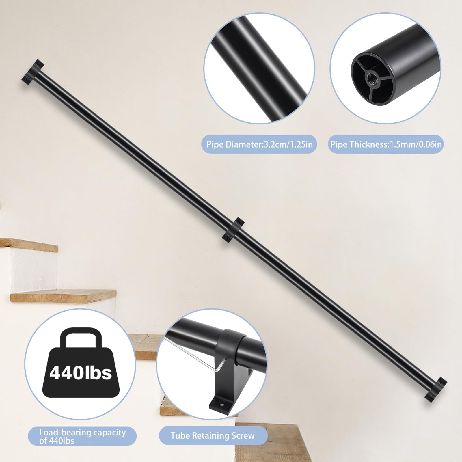 Industrial Stair Railing Metal Hand Rails for Indoor Stairs Wall Mount Staircase Handrails 1.25" Pipe Stair Handrail for Steps Black Aluminum Stairway Railing for Outdoor & Indoor Stairs 12ft