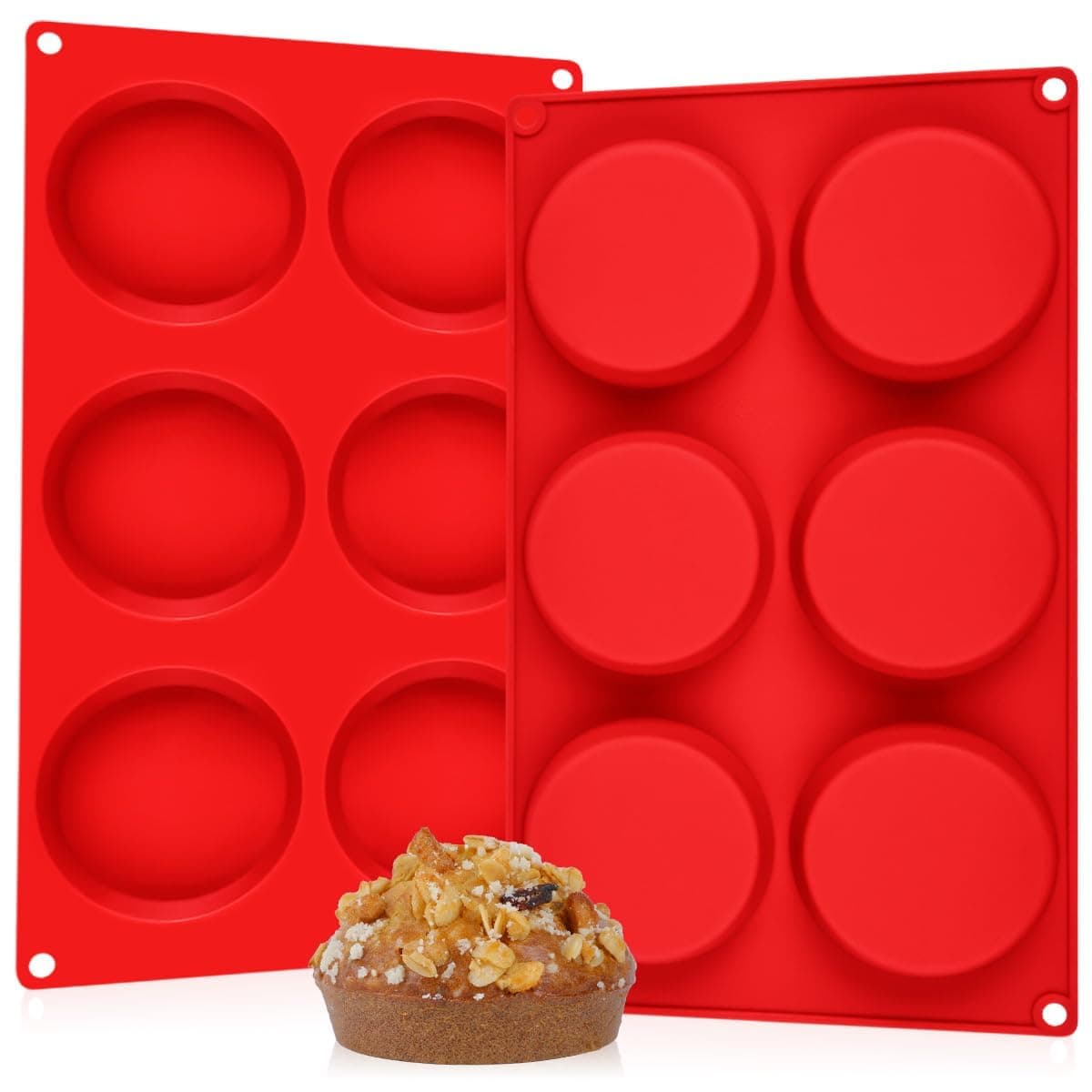 CAKETIME Muffin Top Pan, Silicone Egg Molds for Breakfast Sandwiches 3" Round Egg Baking Pan for Oven English muffins, Whoopie Pies, Corn Bread, Egg bites, Tarts 2 Pack Red
