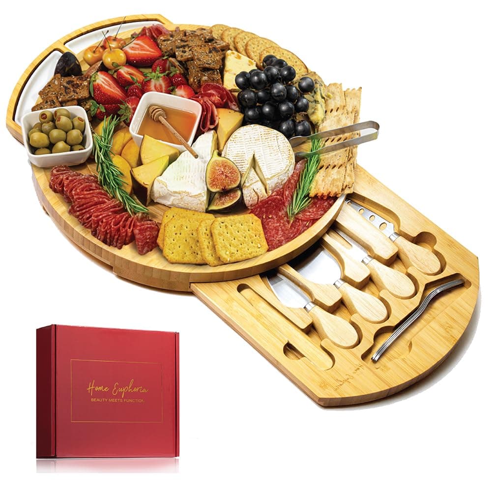 Bamboo Round Cheese & Charcuterie Board Set - 13", "Round Cheese Board With Knife for Mom