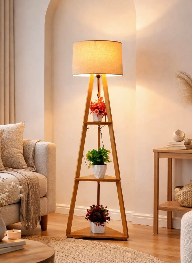 F N Finautica Wooden Tripod Floor Lamp with 3 Shelves, Modern Standing Lamp with Fabric Shade, Decorative Shelf Floor Lamp for Living Room, Bedroom & Home Décor