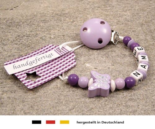 Personalised Baby Dummy Clip | Pacifier Holder with preffered Name – Girls Motif Purple Butterfly | Beststeller from Germany