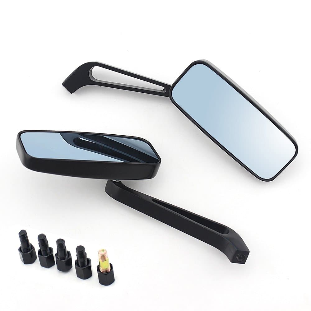 surpassme 8mm/10mm Black Rectangle Motorcycle Bobber Mirrors Blue Mirror Reducing Glare Motorcycle Rear View Mirrors